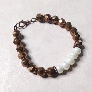 Copper + Faux Stretch Pearls Bracelet! Upscale Boho Contrasts Feminine Trendy